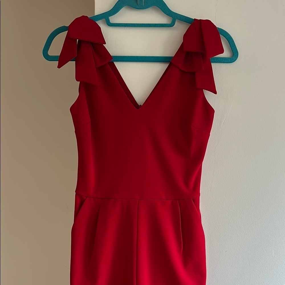 Aqua Elegant Red sleeveless Jumpsuit with Bow Details V-neck Pockets XS EUC